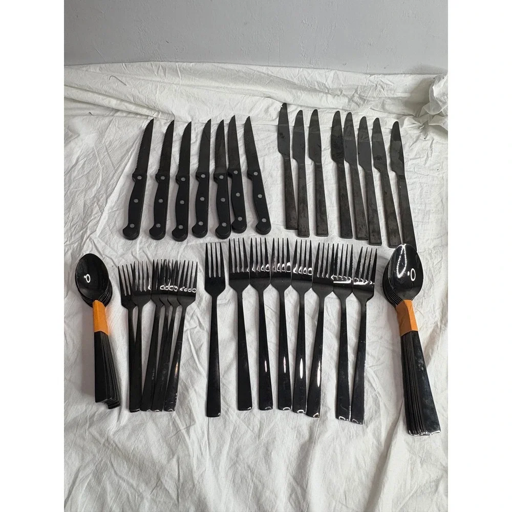 Black Silverware Set 46 Piece Flatware Utensils Knives Forks Spoons Dining